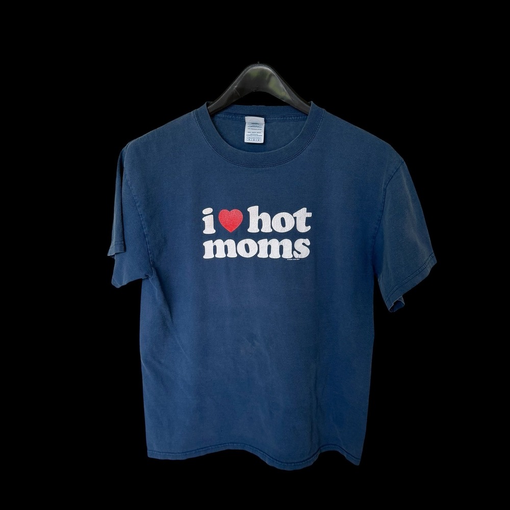 90's Vintage I Heart Love Hot Moms T-Shirt Navy Blue Mens Medium Distressed